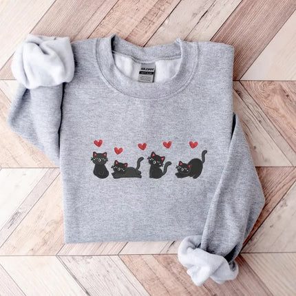 Valentines Cats Sweatshirt, Embroidered Cats Valentines Day Sweater, Valentines Crewneck for Her, Sweatshirt for Girlfriend, Cat Lover Gifts