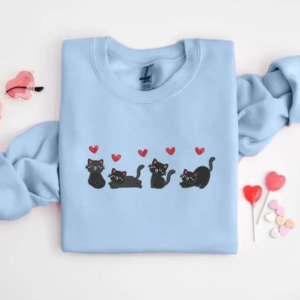 Valentines Cats Sweatshirt, Embroidered Cats Valentines Day Sweater, Valentines Crewneck for Her, Sweatshirt for Girlfriend, Cat Lover Gifts