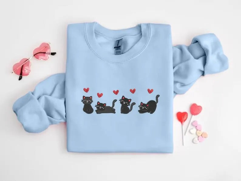 Valentines Cats Sweatshirt, Embroidered Cats Valentines Day Sweater, Valentines Crewneck for Her, Sweatshirt for Girlfriend, Cat Lover Gifts