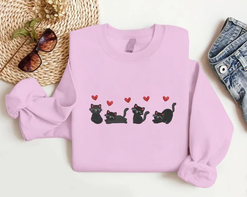 Valentines Cats Sweatshirt, Embroidered Cats Valentines Day Sweater, Valentines Crewneck for Her, Sweatshirt for Girlfriend, Cat Lover Gifts