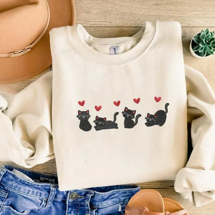 Valentines Cats Sweatshirt, Embroidered Cats Valentines Day Sweater, Valentines Crewneck for Her, Sweatshirt for Girlfriend, Cat Lover Gifts