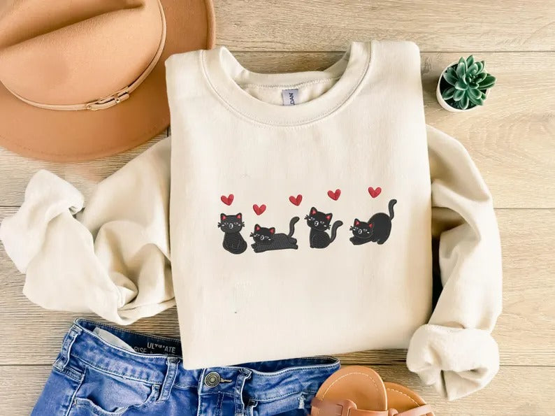 Valentines Cats Sweatshirt, Embroidered Cats Valentines Day Sweater, Valentines Crewneck for Her, Sweatshirt for Girlfriend, Cat Lover Gifts