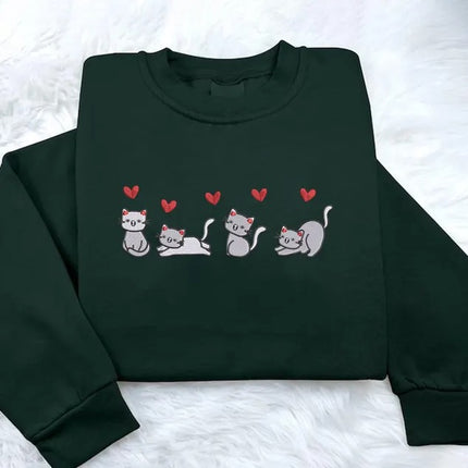 Valentines Cats Sweatshirt, Embroidered Cats Valentines Day Sweater, Valentines Crewneck for Her, Sweatshirt for Girlfriend, Cat Lover Gifts