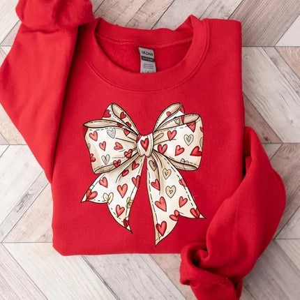 Coquette Valentine Sweatshirt, Retro Valentine Heart Bow Printed Sweaters, Valentine's Day Bow Jumpers for Her, Special Gifts for Girlfriend
