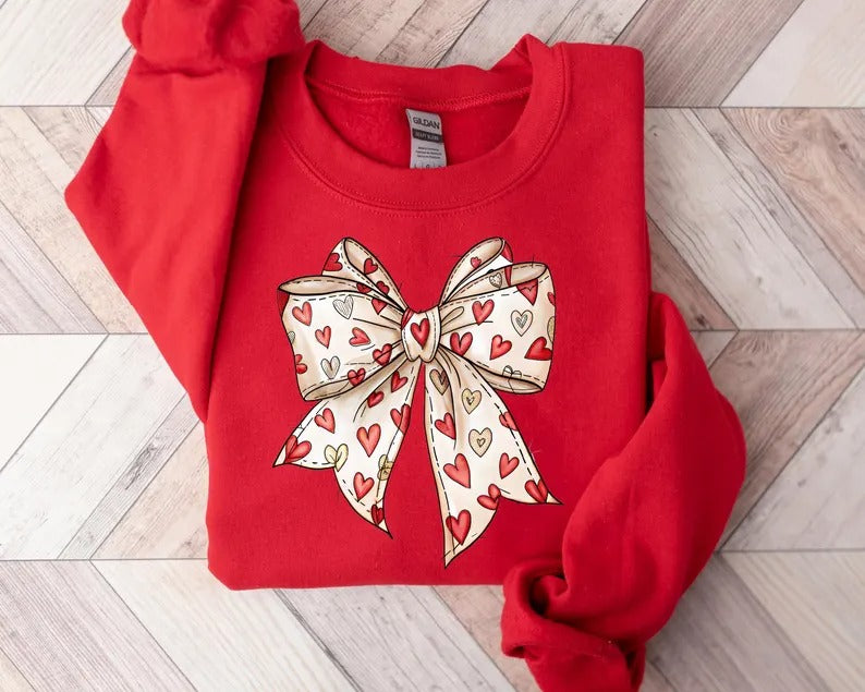 Coquette Valentine Sweatshirt, Retro Valentine Heart Bow Printed Sweaters, Valentine's Day Bow Jumpers for Her, Special Gifts for Girlfriend