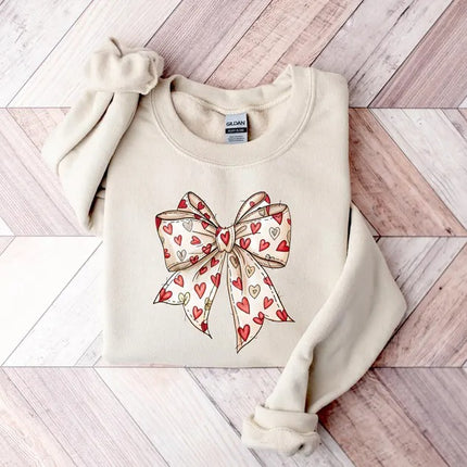 Coquette Valentine Sweatshirt, Retro Valentine Heart Bow Printed Sweaters, Valentine's Day Bow Jumpers for Her, Special Gifts for Girlfriend