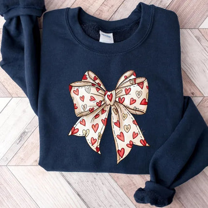 Coquette Valentine Sweatshirt, Retro Valentine Heart Bow Printed Sweaters, Valentine's Day Bow Jumpers for Her, Special Gifts for Girlfriend