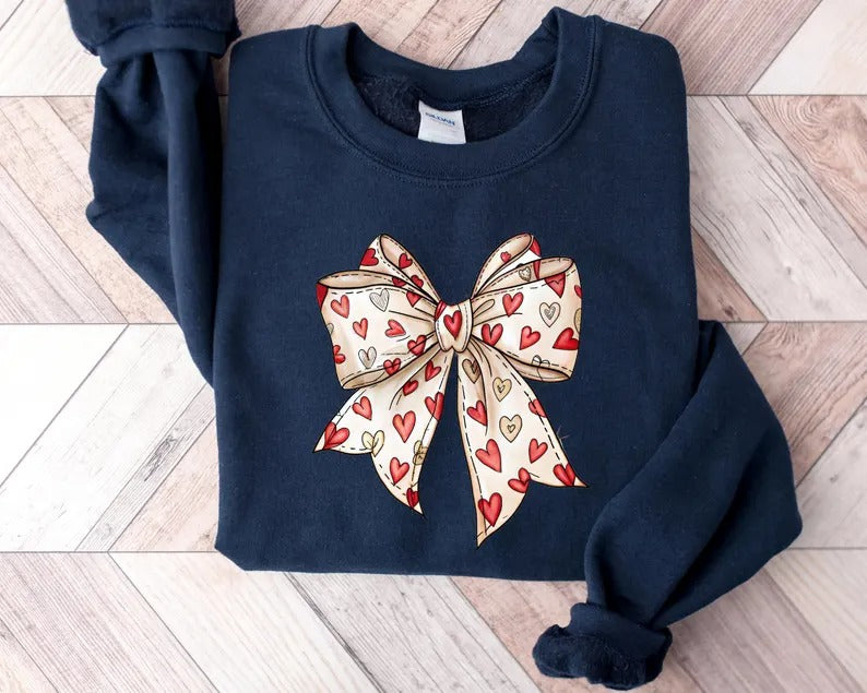 Coquette Valentine Sweatshirt, Retro Valentine Heart Bow Printed Sweaters, Valentine's Day Bow Jumpers for Her, Special Gifts for Girlfriend