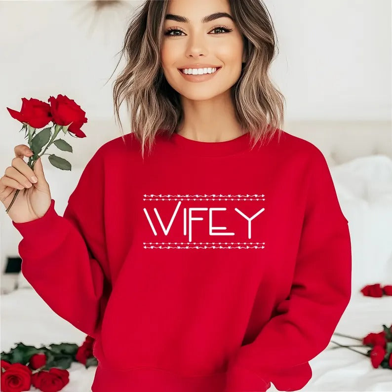 Valentines Wifey Hubby Sweatshirts, Couple Matching Valentines Day Printed Jumpers, Mr And Mrs Memorial Crewnecks, Newlyed Valentine's Gifts