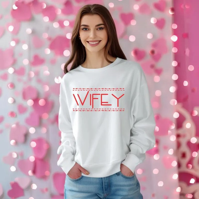 Valentines Wifey Hubby Sweatshirts, Couple Matching Valentines Day Printed Jumpers, Mr And Mrs Memorial Crewnecks, Newlyed Valentine's Gifts