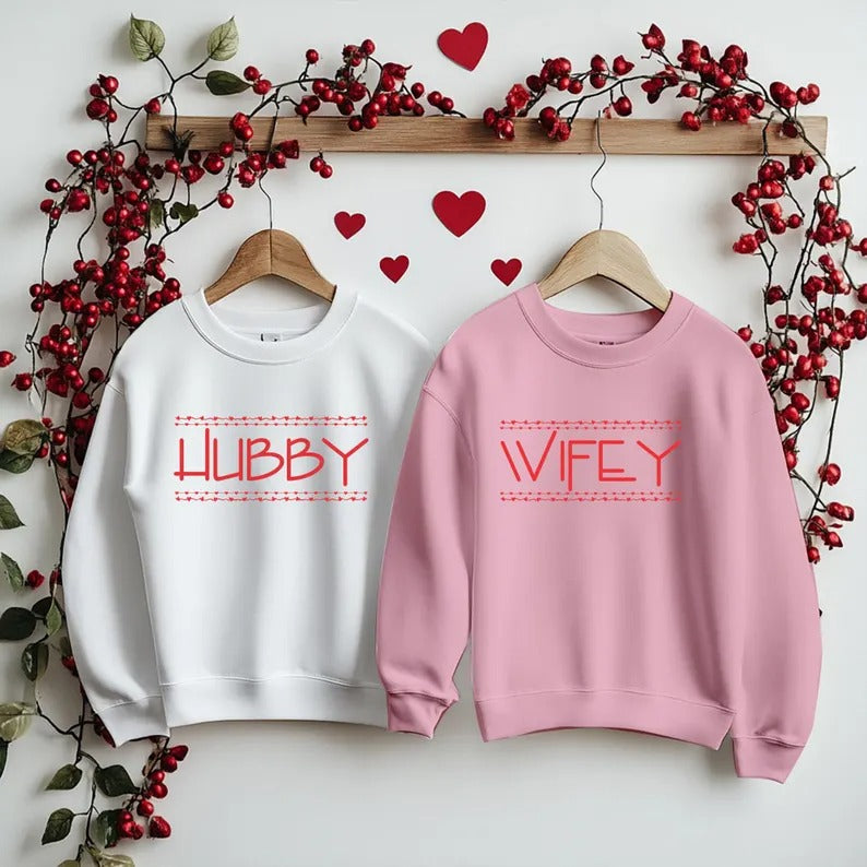 Valentines Wifey Hubby Sweatshirts, Couple Matching Valentines Day Printed Jumpers, Mr And Mrs Memorial Crewnecks, Newlyed Valentine's Gifts