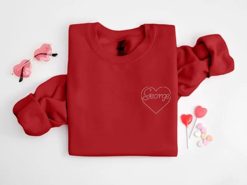 Custom Name Heart Valentines Sweater, Personalised Embroidered Heart Sweatshirt, Love Heart Valentines Jumper for Him, Valentines Day Gifts