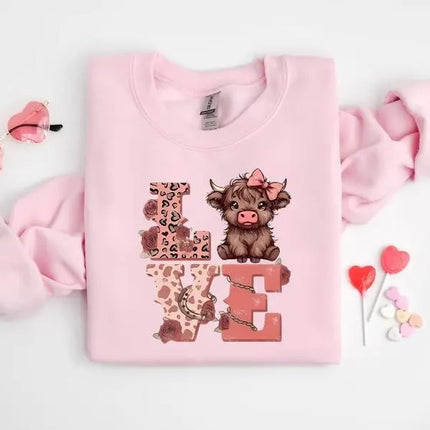 Highland Cow Valentine Sweatshirt, Love Valentine Women Jumper, Western Valentine Printed Crewneck, Cow Lover Gift, Valentine's Gift for Her