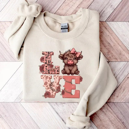 Highland Cow Valentine Sweatshirt, Love Valentine Women Jumper, Western Valentine Printed Crewneck, Cow Lover Gift, Valentine's Gift for Her