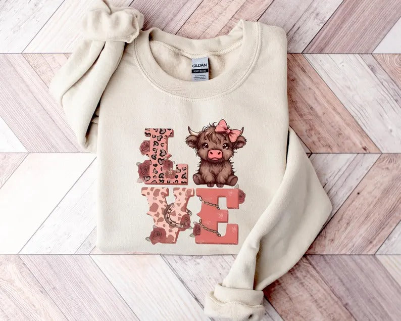 Highland Cow Valentine Sweatshirt, Love Valentine Women Jumper, Western Valentine Printed Crewneck, Cow Lover Gift, Valentine's Gift for Her