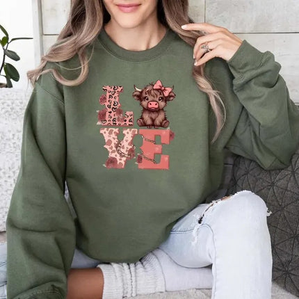 Highland Cow Valentine Sweatshirt, Love Valentine Women Jumper, Western Valentine Printed Crewneck, Cow Lover Gift, Valentine's Gift for Her