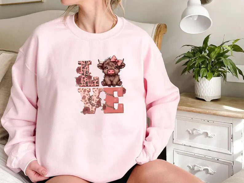 Highland Cow Valentine Sweatshirt, Love Valentine Women Jumper, Western Valentine Printed Crewneck, Cow Lover Gift, Valentine's Gift for Her