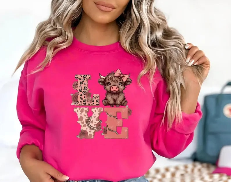 Highland Cow Valentine Sweatshirt, Love Valentine Women Jumper, Western Valentine Printed Crewneck, Cow Lover Gift, Valentine's Gift for Her