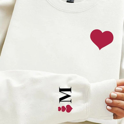Custom Valentines Heart Sweatshirt, Personalised Initial on Sleeve Valentine Sweater, Love Heart Printed Jumper for Him, Valentines Day Gift