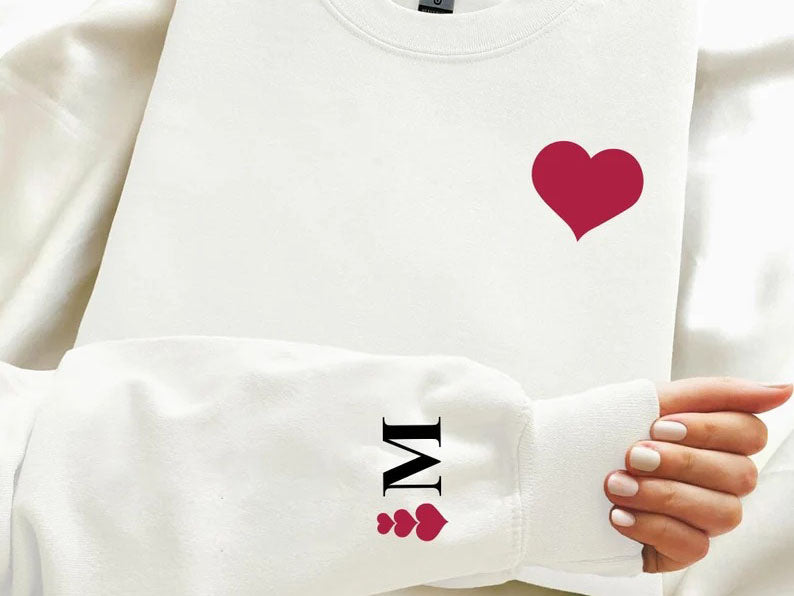 Custom Valentines Heart Sweatshirt, Personalised Initial on Sleeve Valentine Sweater, Love Heart Printed Jumper for Him, Valentines Day Gift