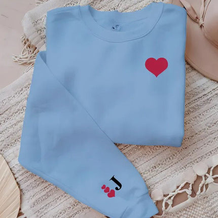 Custom Valentines Heart Sweatshirt, Personalised Initial on Sleeve Valentine Sweater, Love Heart Printed Jumper for Him, Valentines Day Gift