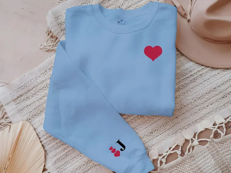 Custom Valentines Heart Sweatshirt, Personalised Initial on Sleeve Valentine Sweater, Love Heart Printed Jumper for Him, Valentines Day Gift