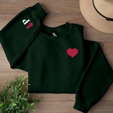 Custom Valentines Heart Sweatshirt, Personalised Initial on Sleeve Valentine Sweater, Love Heart Printed Jumper for Him, Valentines Day Gift
