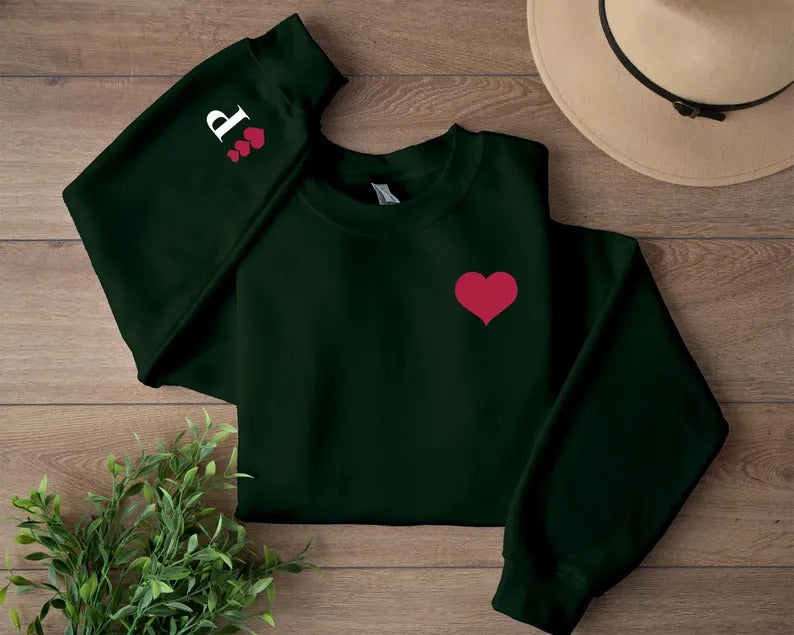 Custom Valentines Heart Sweatshirt, Personalised Initial on Sleeve Valentine Sweater, Love Heart Printed Jumper for Him, Valentines Day Gift