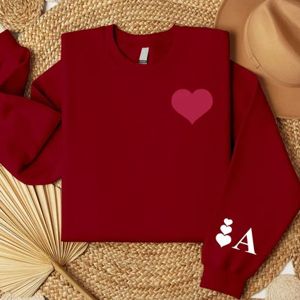 Custom Valentines Heart Sweatshirt, Personalised Initial on Sleeve Valentine Sweater, Love Heart Printed Jumper for Him, Valentines Day Gift