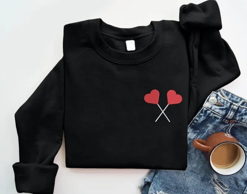 Embroidered Heart Lollipops Sweatshirt, Funny Love Valentines Sweatshirt, Couple Matching Jumpers, Gift for Girlfriend, Valentines Day Gifts