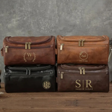 Custom Mens Leather Toiletry Bag, Personalised Engraved Leather Dopp Kit, Wedding Gift