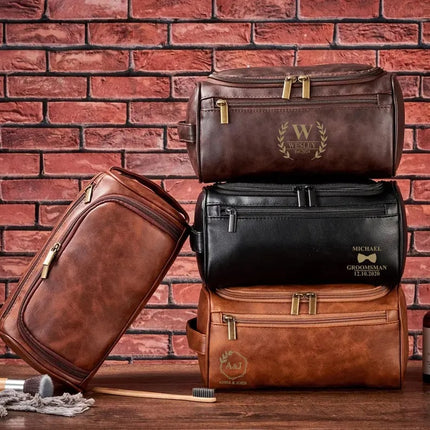 Custom Mens Leather Toiletry Bag, Personalised Engraved Leather Dopp Kit, Wedding Gift