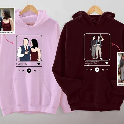 Custom Album Cover Photo Hoodie, Personalised Song Plaque With Couple Image Sketch Jumper, Matching Couple Sweater, Valentines Gift For Him
