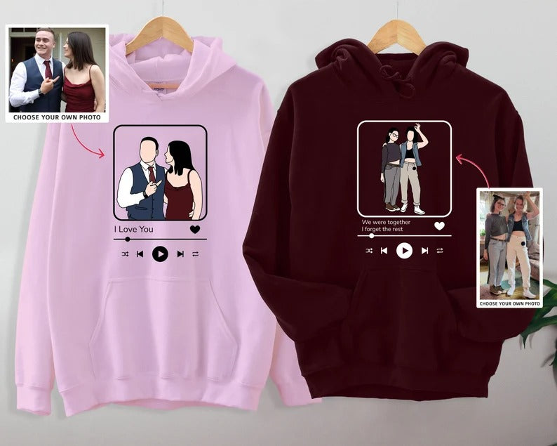 Custom Album Cover Photo Hoodie, Personalised Song Plaque With Couple Image Sketch Jumper, Matching Couple Sweater, Valentines Gift For Him