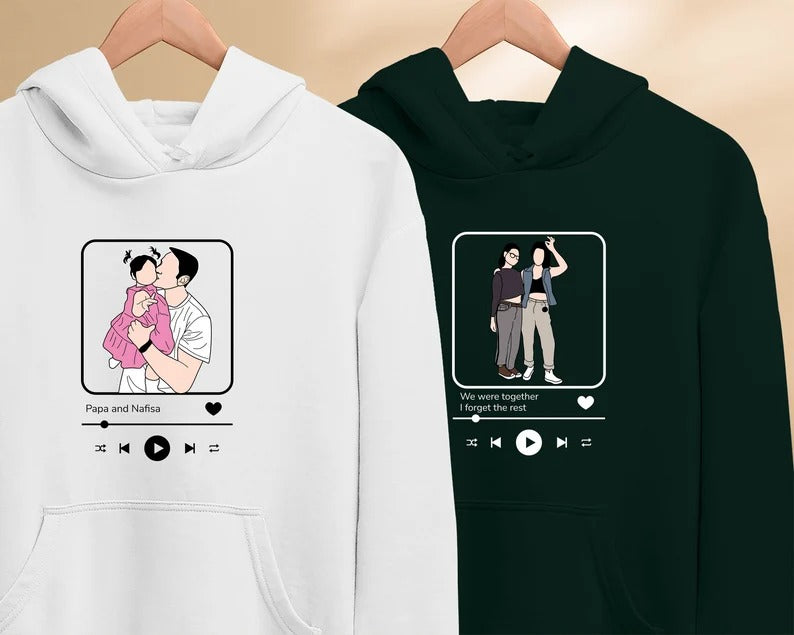 Custom Album Cover Photo Hoodie, Personalised Song Plaque With Couple Image Sketch Jumper, Matching Couple Sweater, Valentines Gift For Him