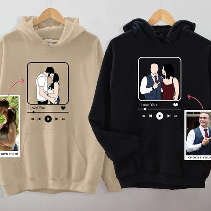 Custom Album Cover Photo Hoodie, Personalised Song Plaque With Couple Image Sketch Jumper, Matching Couple Sweater, Valentines Gift For Him