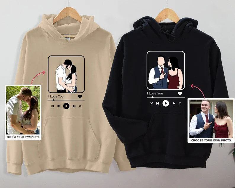 Custom Album Cover Photo Hoodie, Personalised Song Plaque With Couple Image Sketch Jumper, Matching Couple Sweater, Valentines Gift For Him