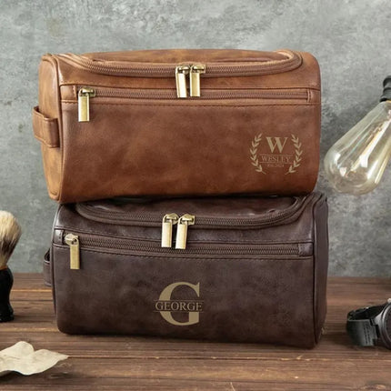 Custom Mens Leather Toiletry Bag, Personalised Engraved Leather Dopp Kit, Wedding Gift