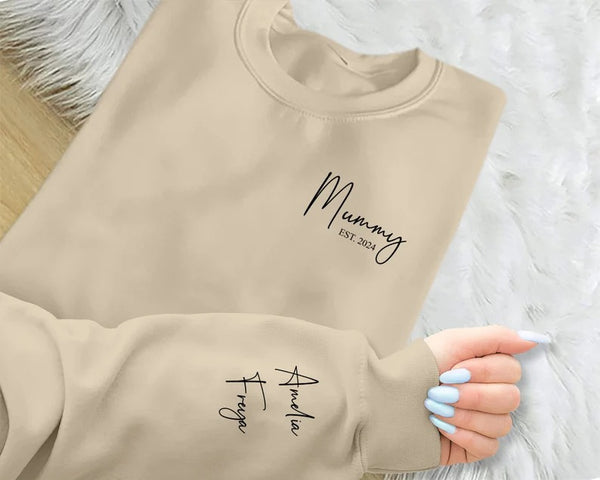 Personalised Sweatshirt for Mom Dad, Custom Mama Sweatshirt, Kids Name Printed On Sleeve Heart Sweater, Unisex Comfy XS-4XL Sizes Outfits