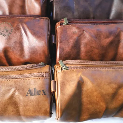 Custom Mens Leather Toiletry Bag, Personalised Engraved Leather Dopp Kit, Wedding Gift