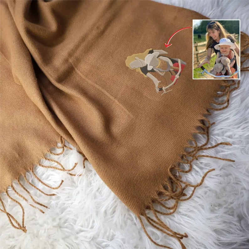 Custom Couple Photo Portrait from Photo Scarf, Personalised Photo Embroidered Scarf, Comfy Long Winter Scarf with Tassels, Valentines Gifts