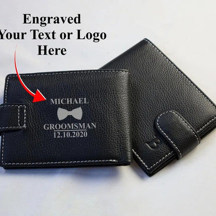 Custom Engraved Black Leather Wallet, Personalised Men's Monogrammed Wallet