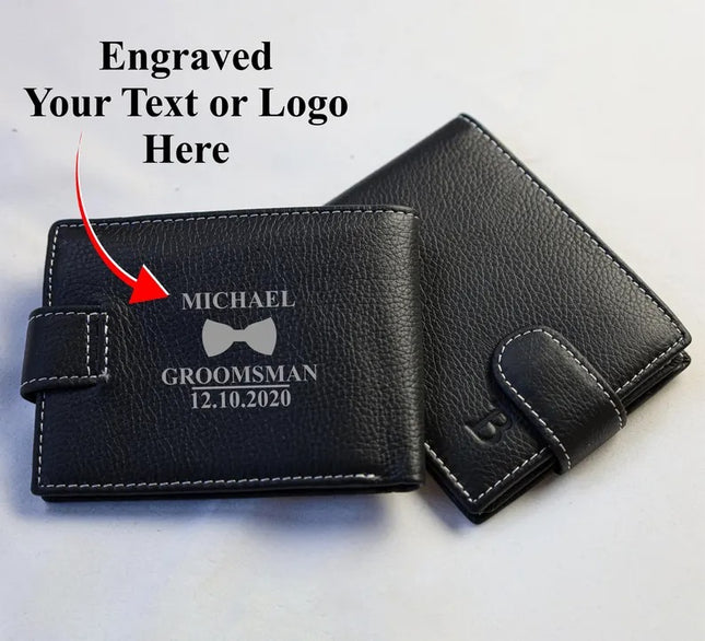 Custom Engraved Black Leather Wallet, Personalised Men's Monogrammed Wallet
