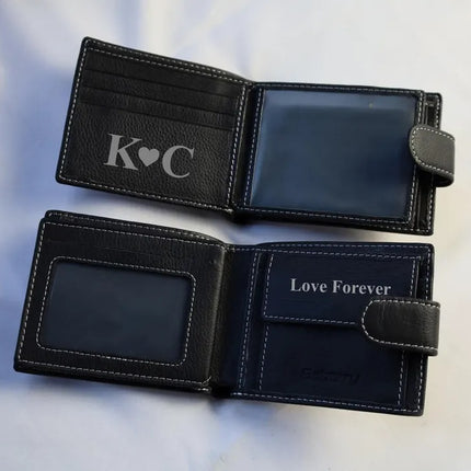 Custom Engraved Black Leather Wallet, Personalised Men's Monogrammed Wallet