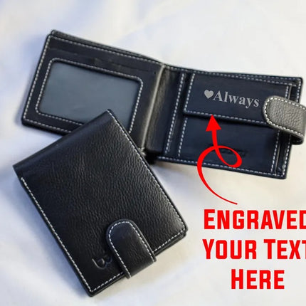 Custom Engraved Black Leather Wallet, Personalised Men's Monogrammed Wallet