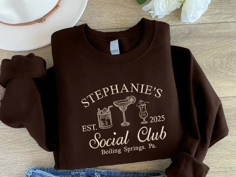 Luxury Bachelorette Crewneck Sweatshirt, Custom Embroidered Bridal Party Sweater, Personalised Social Club Jumper, Bachelorette Party Gifts