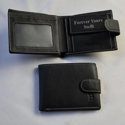 Custom Engraved Black Leather Wallet, Personalised Men's Monogrammed Wallet