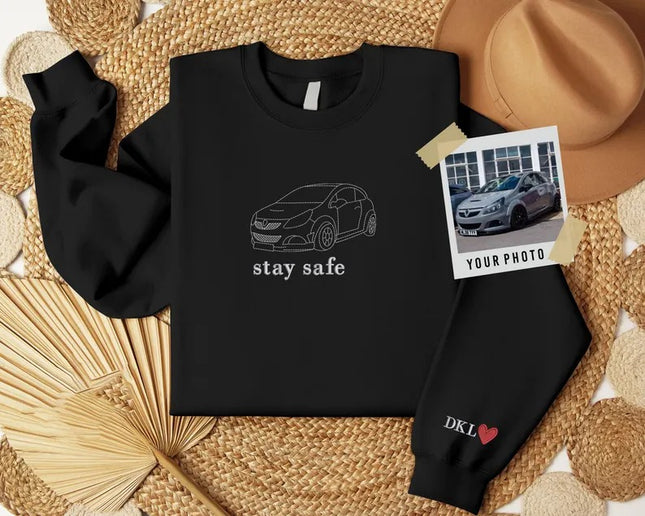 Personalised Embroidered Car Hoodie, Valentines Day Gift for Boyfriend, Custom Photo Line Art Sketch Jumper, Birthday Gifts for Car Lovers