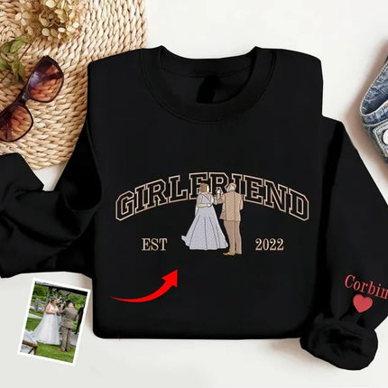 Embroidered Photo Portrait Sweatshirt, Custom Drawing from Photo Couple Sweatshirt, Girlfriend & Boyfriend Matching Jumper, Valentines Gift