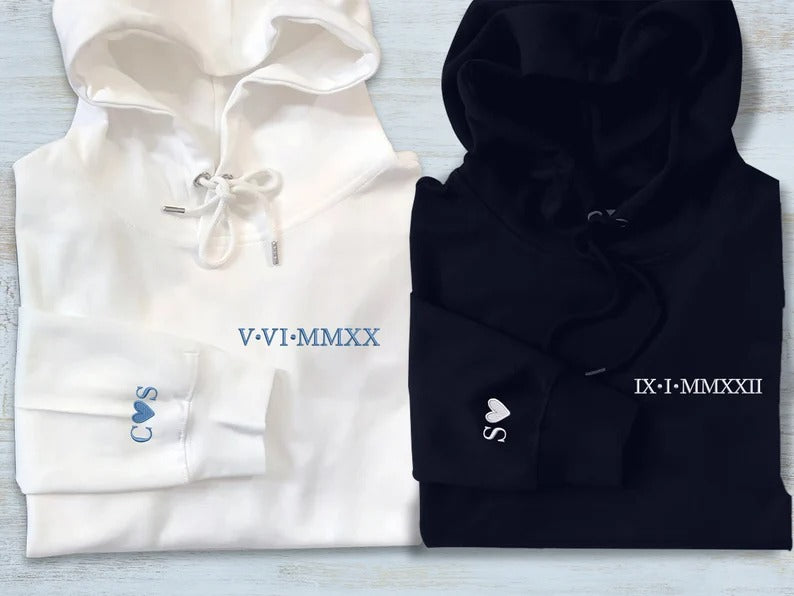 Matching Couple Valentine Hoodie, Embroidered Roman Numeral Hoody, Custom One Year Anniversary Hoodie, GF BF Couple Valentines Day Jumper